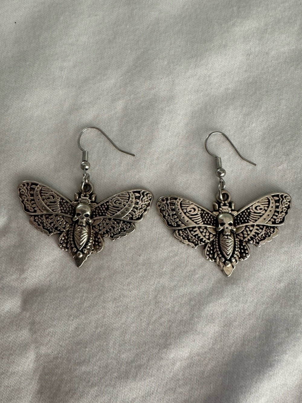 Handmade Silver Death Moth Dangle Earrings